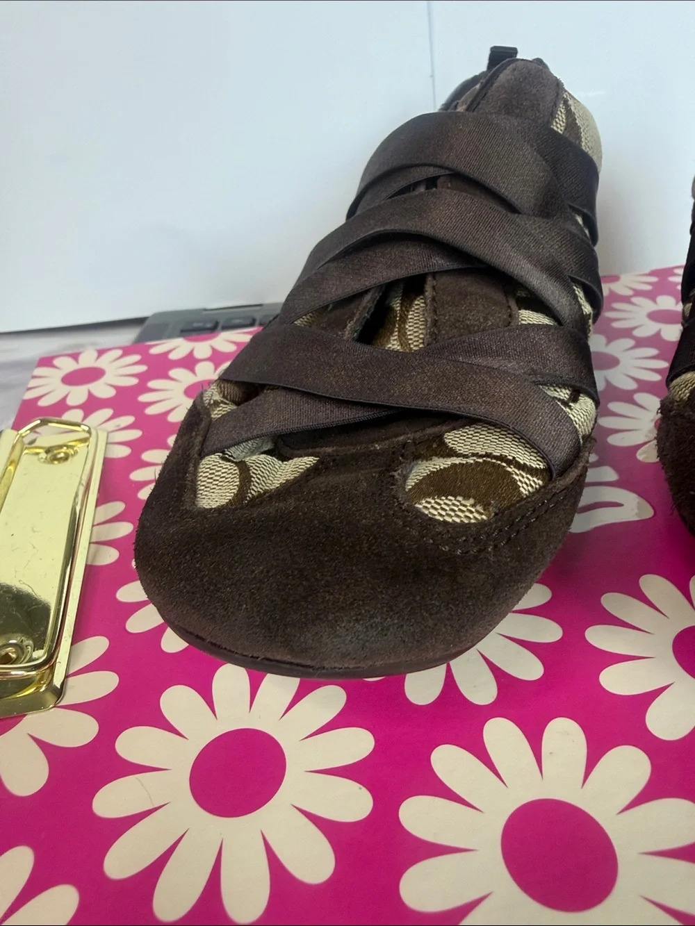 Coach Brown Signature Ribbon Slip-On Sneakers with Suede Trim‎